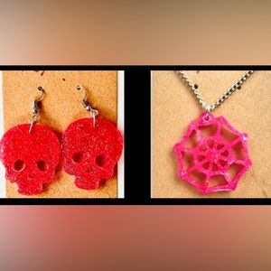 Handmade Halloween skull earrings, and spiderweb necklace